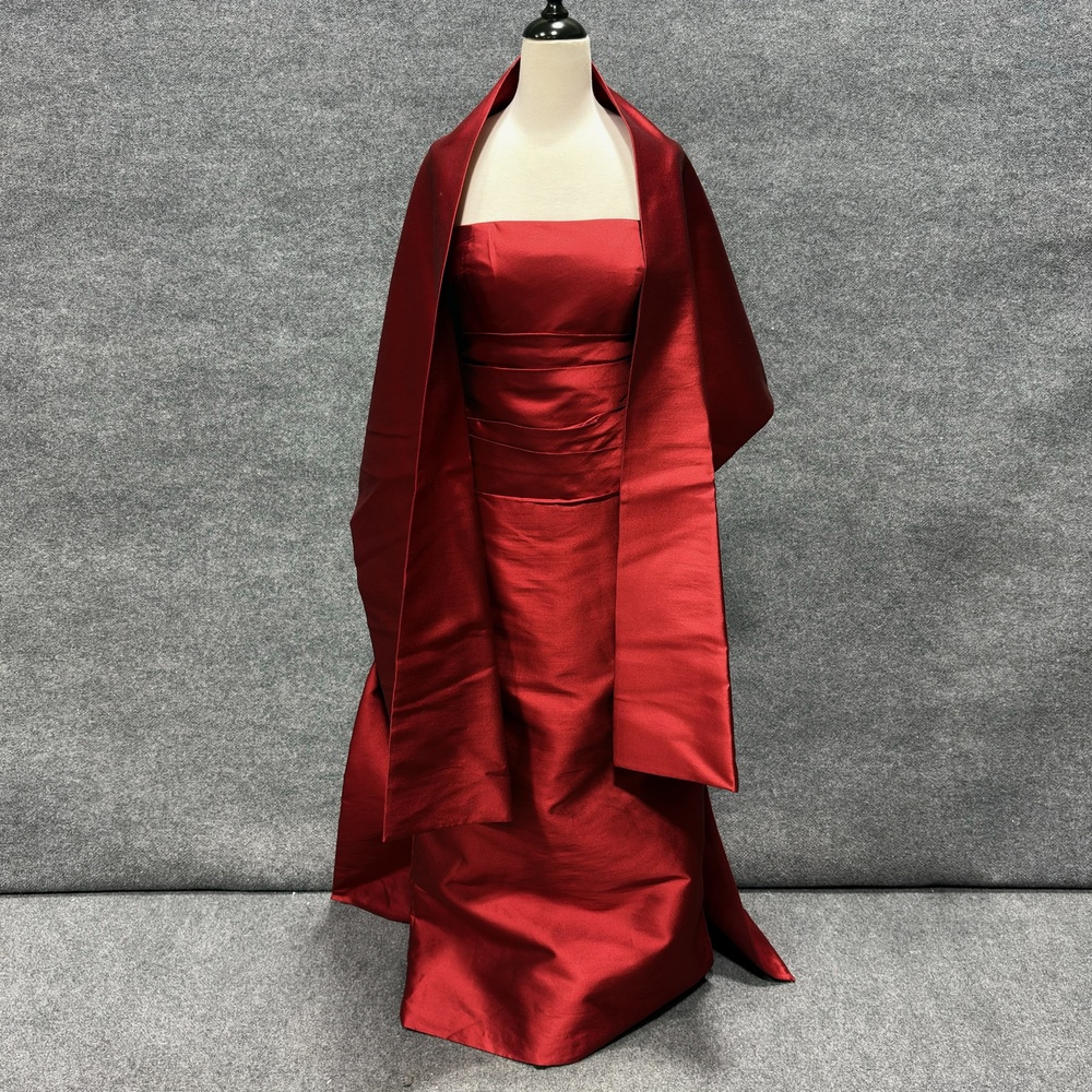 Mayda Cisneros Dress Womens S Red Satin Strapless Ruched Pleated Maxi Gown